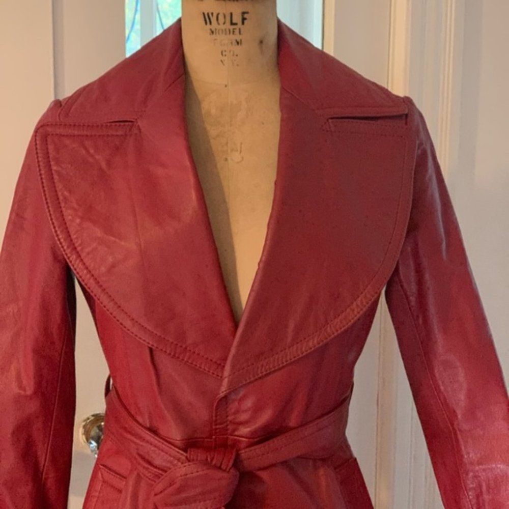 NEW Vintage Red leather trench long coat main image 1